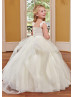 Gathered Neck Ivory Satin Tulle Ruffled Flower Girl Dress